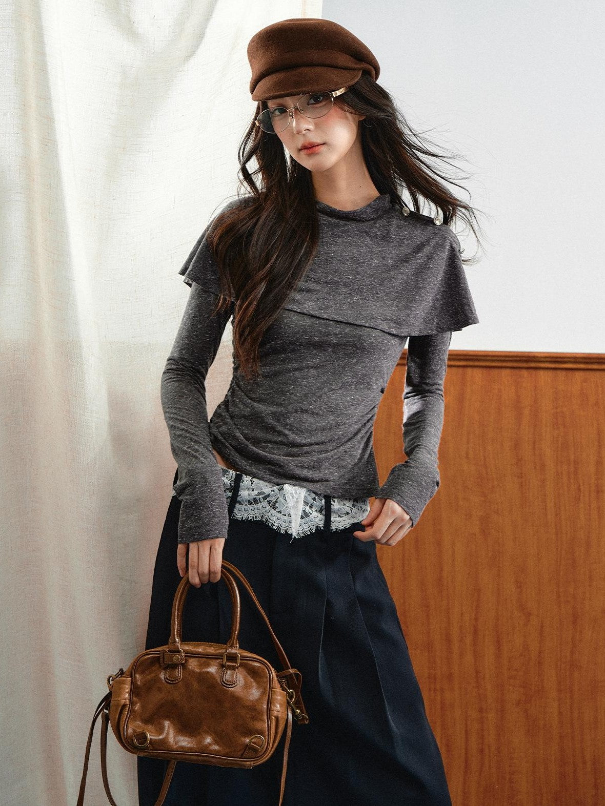 7Shiftin Double Collar Shirred Shoulder Women&