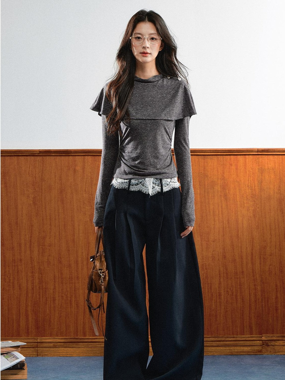 7Shiftin Double Collar Shirred Shoulder Women&