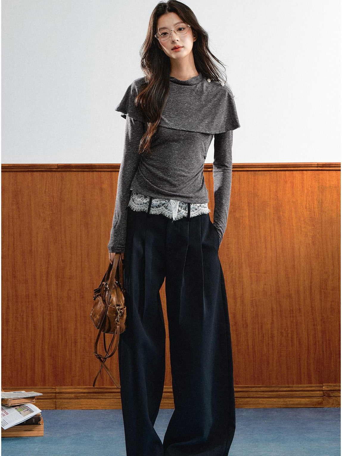7Shiftin Double Collar Shirred Shoulder Women&