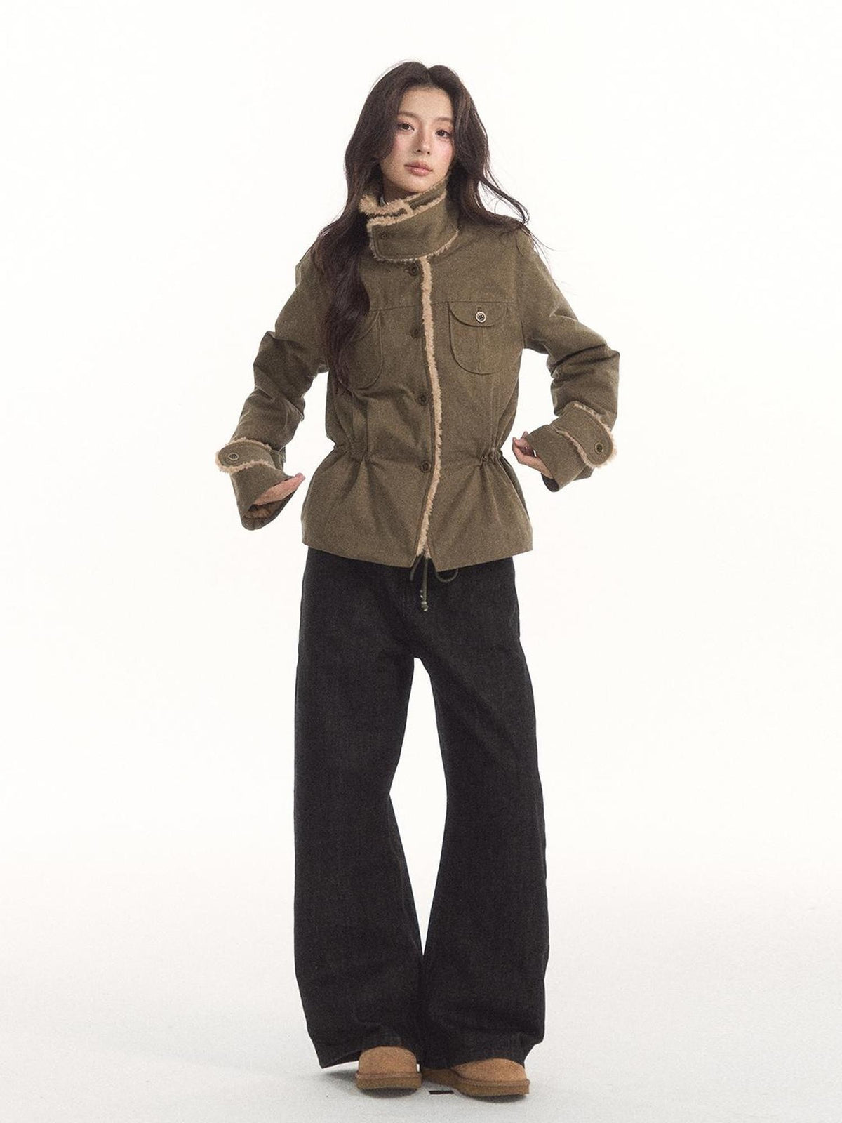 7Shiftin Faux Shearling Multi Pocket Drawstring Waist Women&