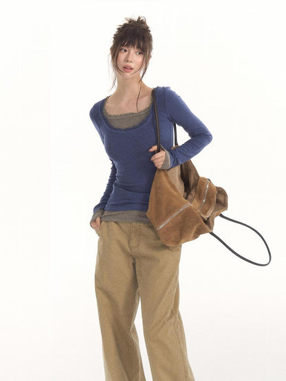 7Shiftin Faux Two Piece Lace Trim Round Neck Knit Women&