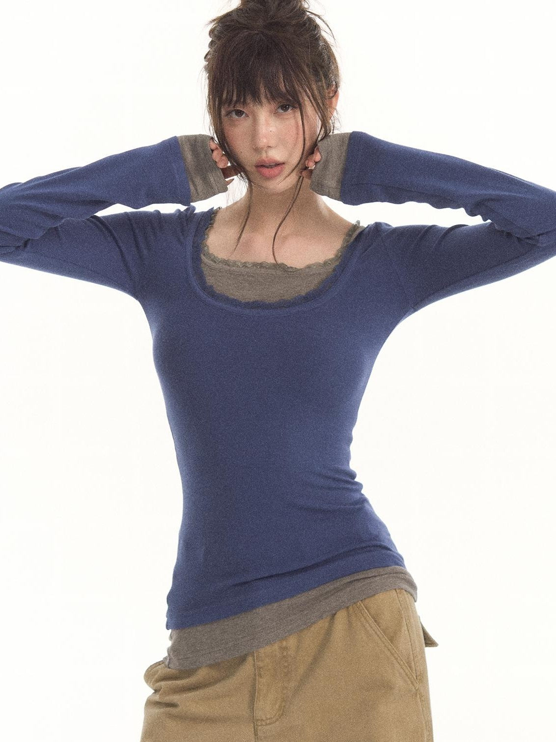 7Shiftin Faux Two Piece Lace Trim Round Neck Knit Women&