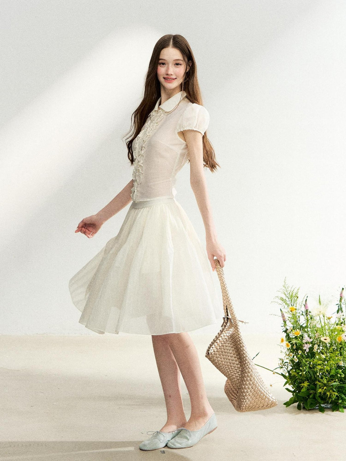 7Shiftin French Doll Collar Lace Puff Sleeve High Waist Women&