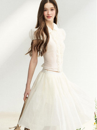 7Shiftin French Doll Collar Lace Puff Sleeve High Waist Women&