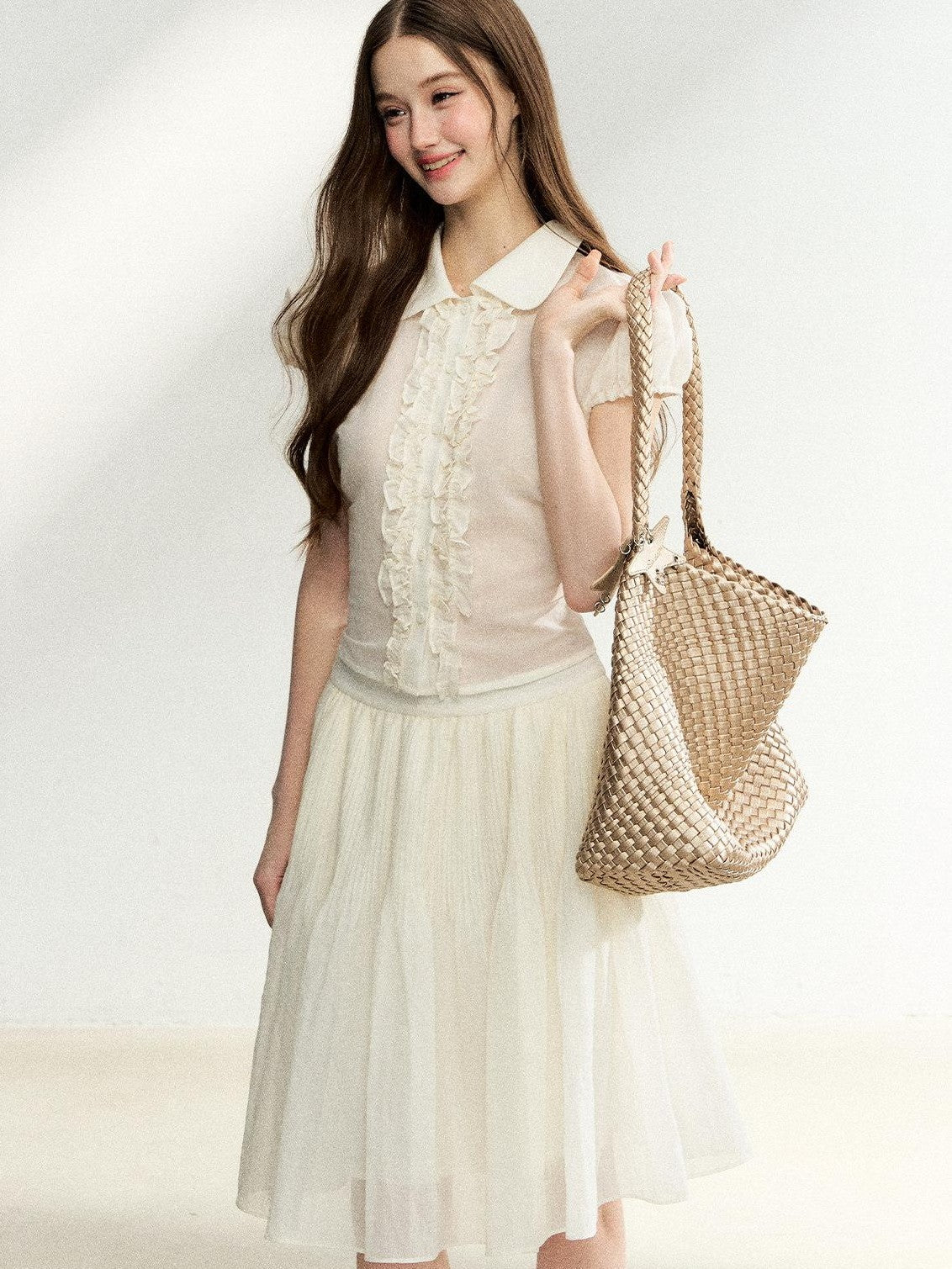 7Shiftin French Doll Collar Lace Puff Sleeve High Waist Women&