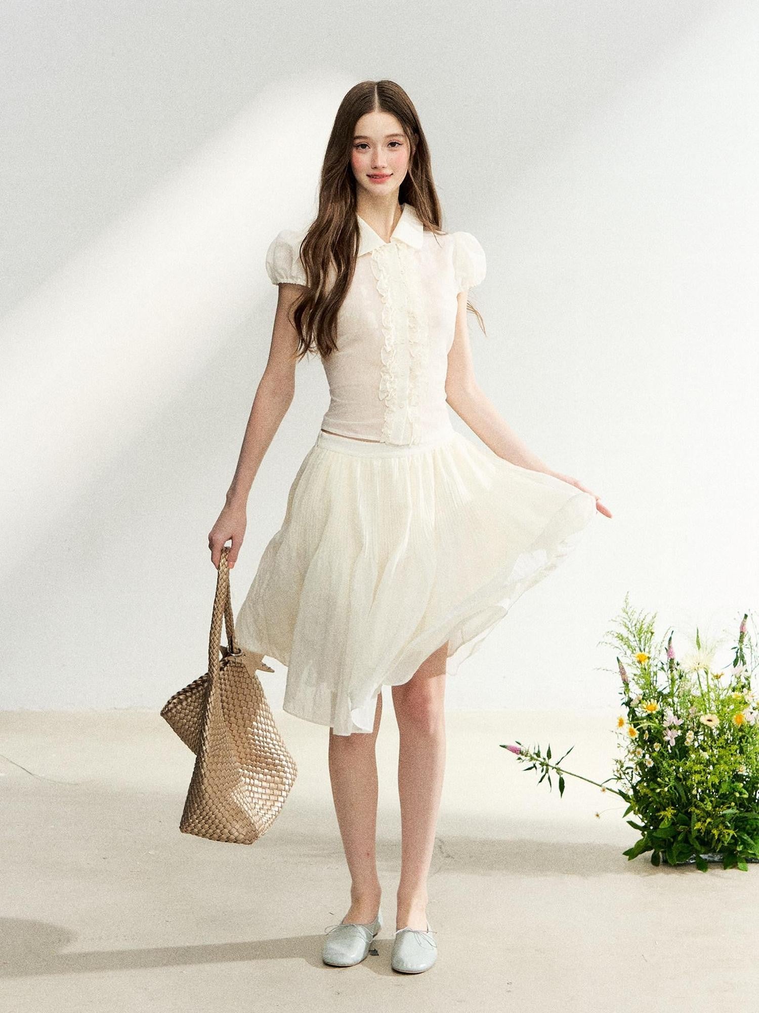 7Shiftin French Doll Collar Lace Puff Sleeve High Waist Women&