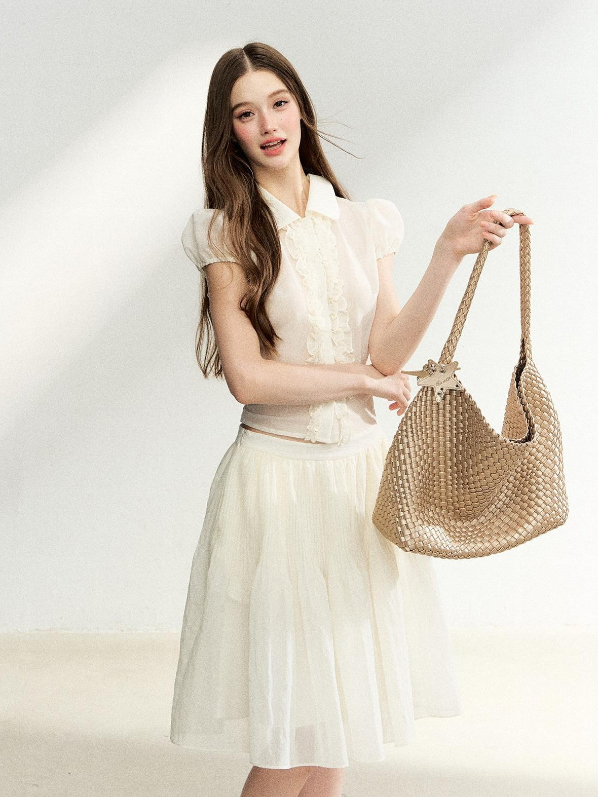 7Shiftin French Doll Collar Lace Puff Sleeve High Waist Women&