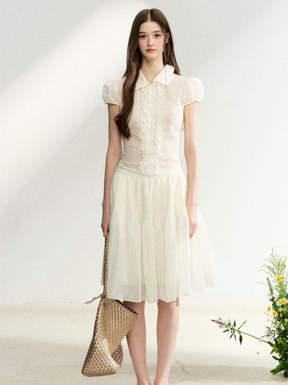 7Shiftin French Doll Collar Lace Puff Sleeve High Waist Women&