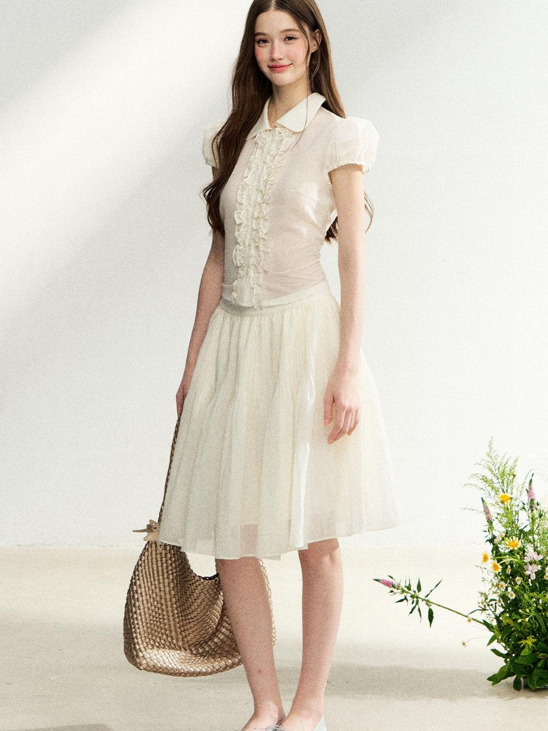 7Shiftin French Doll Collar Lace Puff Sleeve High Waist Women&