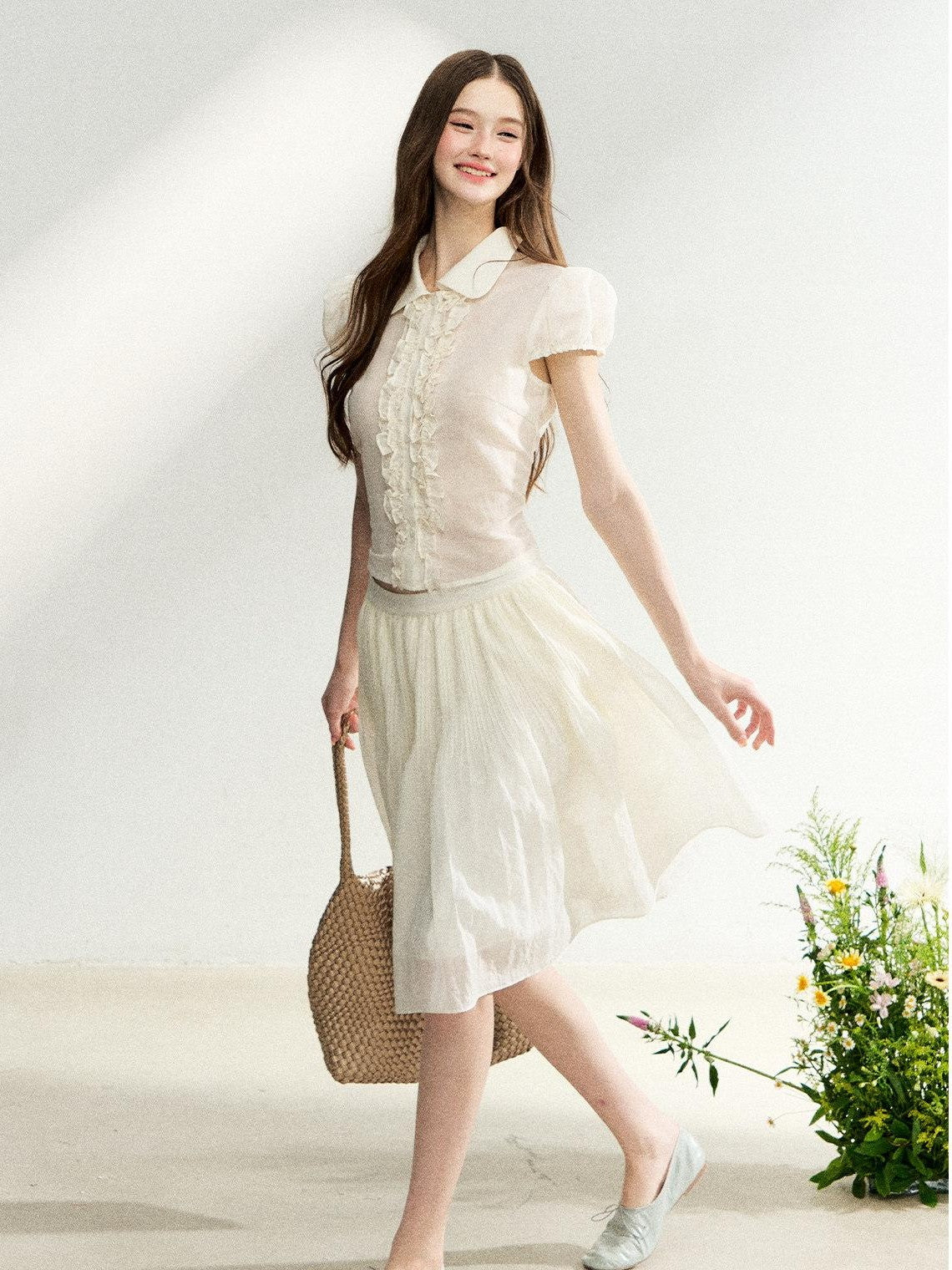 7Shiftin French Doll Collar Lace Puff Sleeve High Waist Women&
