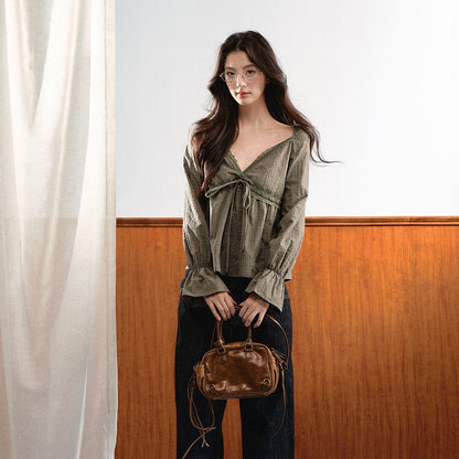 7Shiftin_French_Lace_V-neck_Bell_Sleeve_Drawstring_Women&