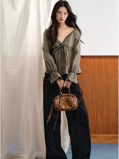 7Shiftin French Lace V-neck Bell Sleeve Drawstring Women&