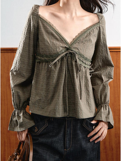 7Shiftin French Lace V-neck Bell Sleeve Drawstring Women&