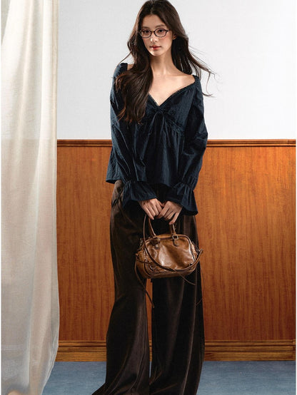 7Shiftin French Lace V-neck Bell Sleeve Drawstring Women&