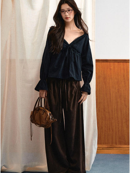 7Shiftin French Lace V-neck Bell Sleeve Drawstring Women&
