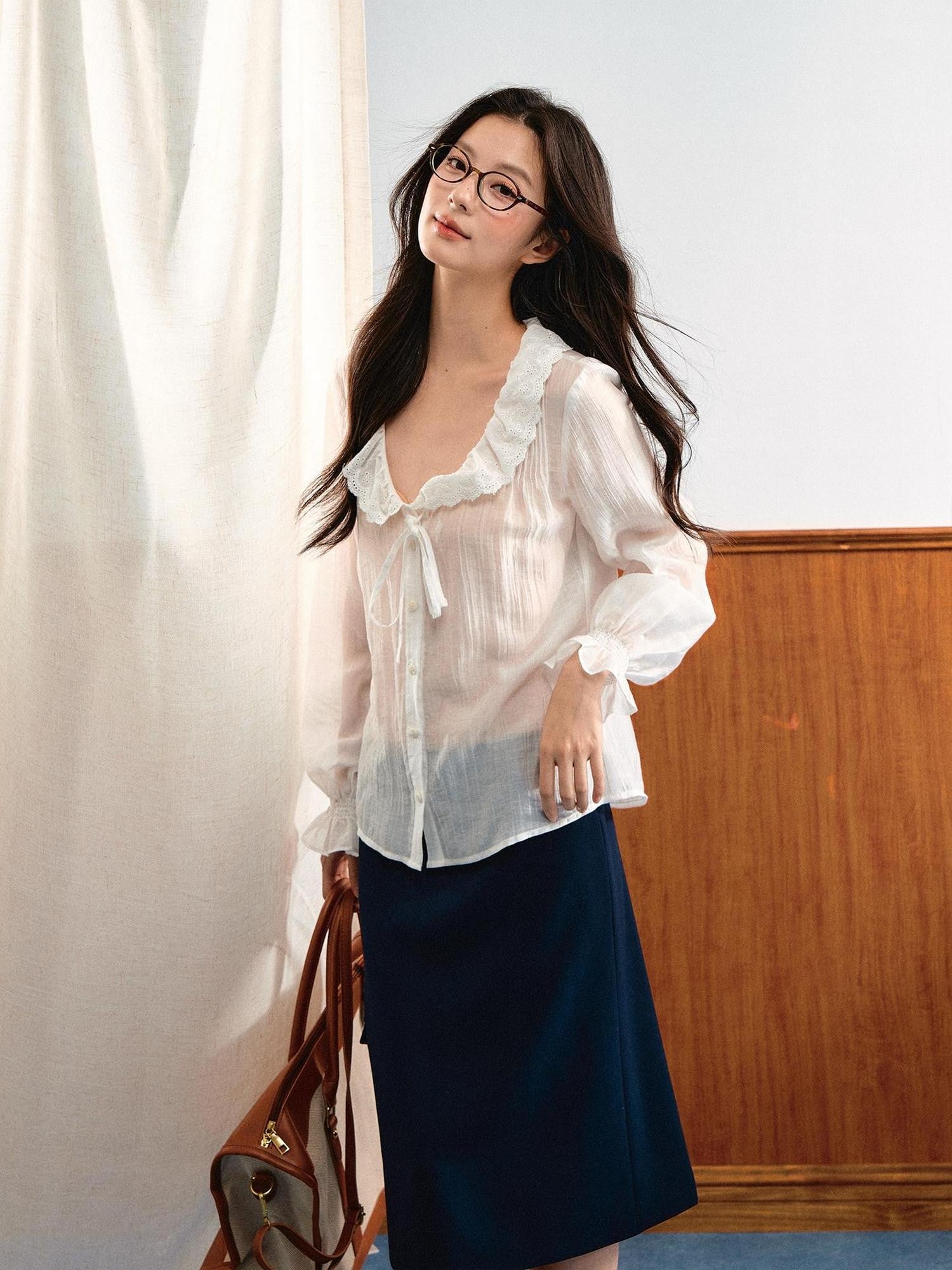 7Shiftin French Romantic Ruffle Tie Sheer Long Sleeve Women&