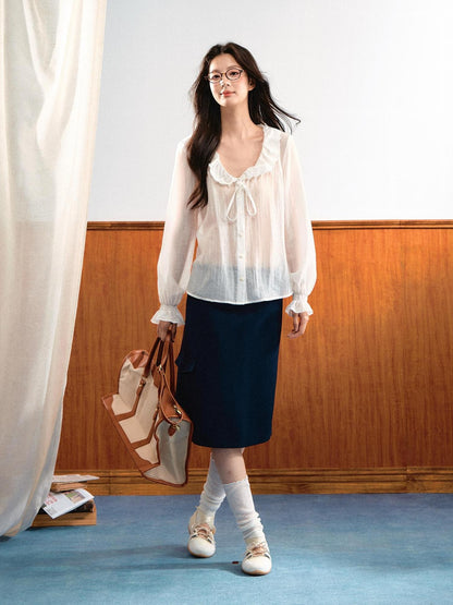 7Shiftin French Romantic Ruffle Tie Sheer Long Sleeve Women&