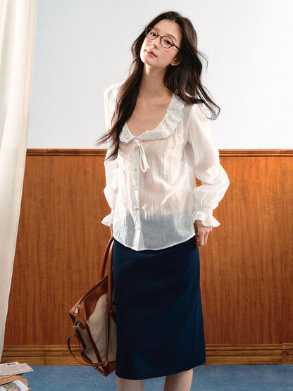 7Shiftin French Romantic Ruffle Tie Sheer Long Sleeve Women&