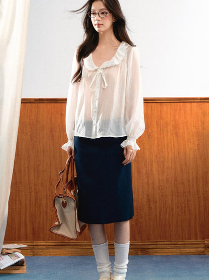 7Shiftin French Romantic Ruffle Tie Sheer Long Sleeve Women&