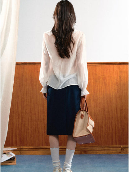 7Shiftin French Romantic Ruffle Tie Sheer Long Sleeve Women&
