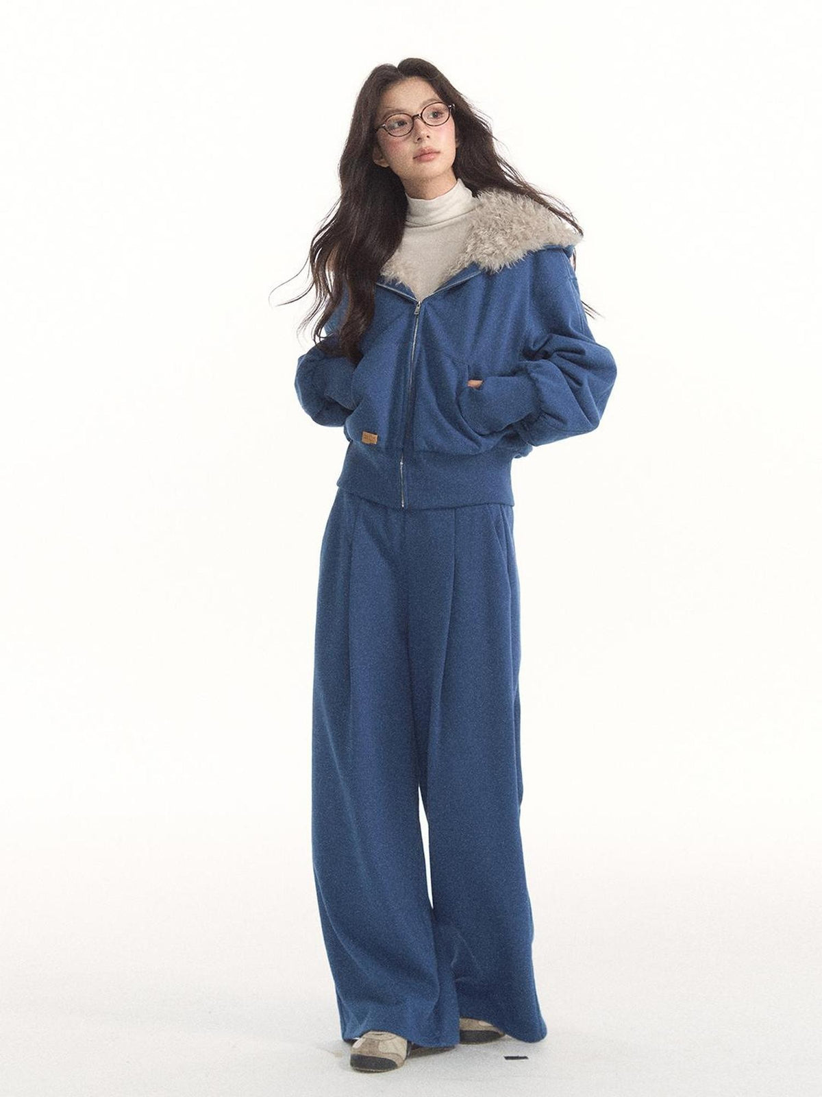 7Shiftin Fuzzy Knit Lantern Sleeve Pocket Wide Leg Women&