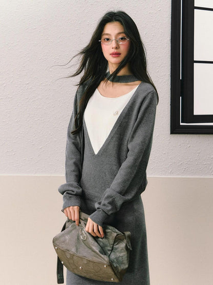 7Shiftin Gray Faux Two Piece Slim Fit Round Neck Long Sleeve Women&