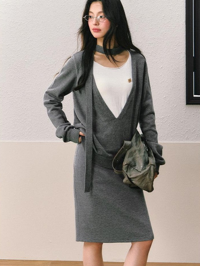 7Shiftin Gray Faux Two Piece Slim Fit Round Neck Long Sleeve Women&