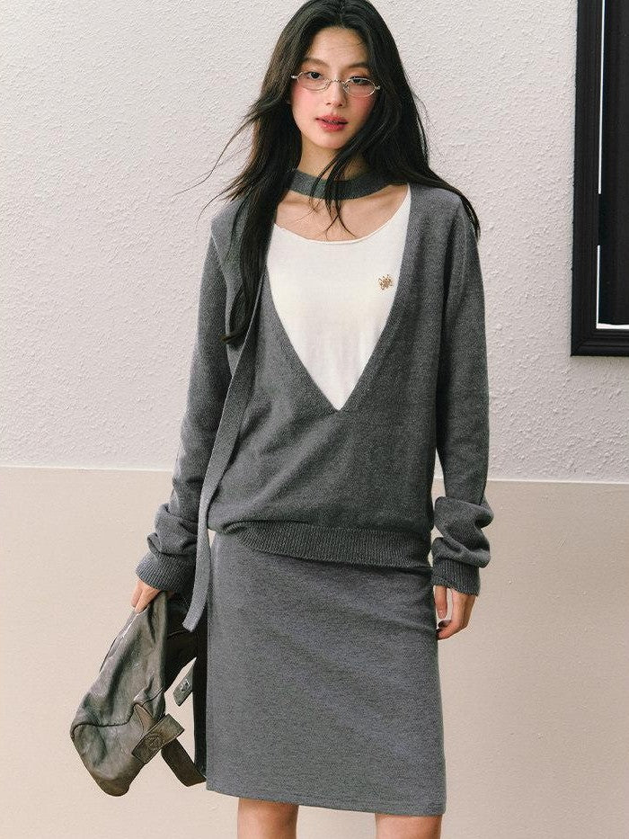 7Shiftin Gray Faux Two Piece Slim Fit Round Neck Long Sleeve Women&