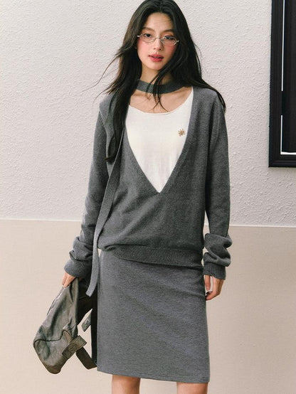 7Shiftin Gray Faux Two Piece Slim Fit Round Neck Long Sleeve Women&
