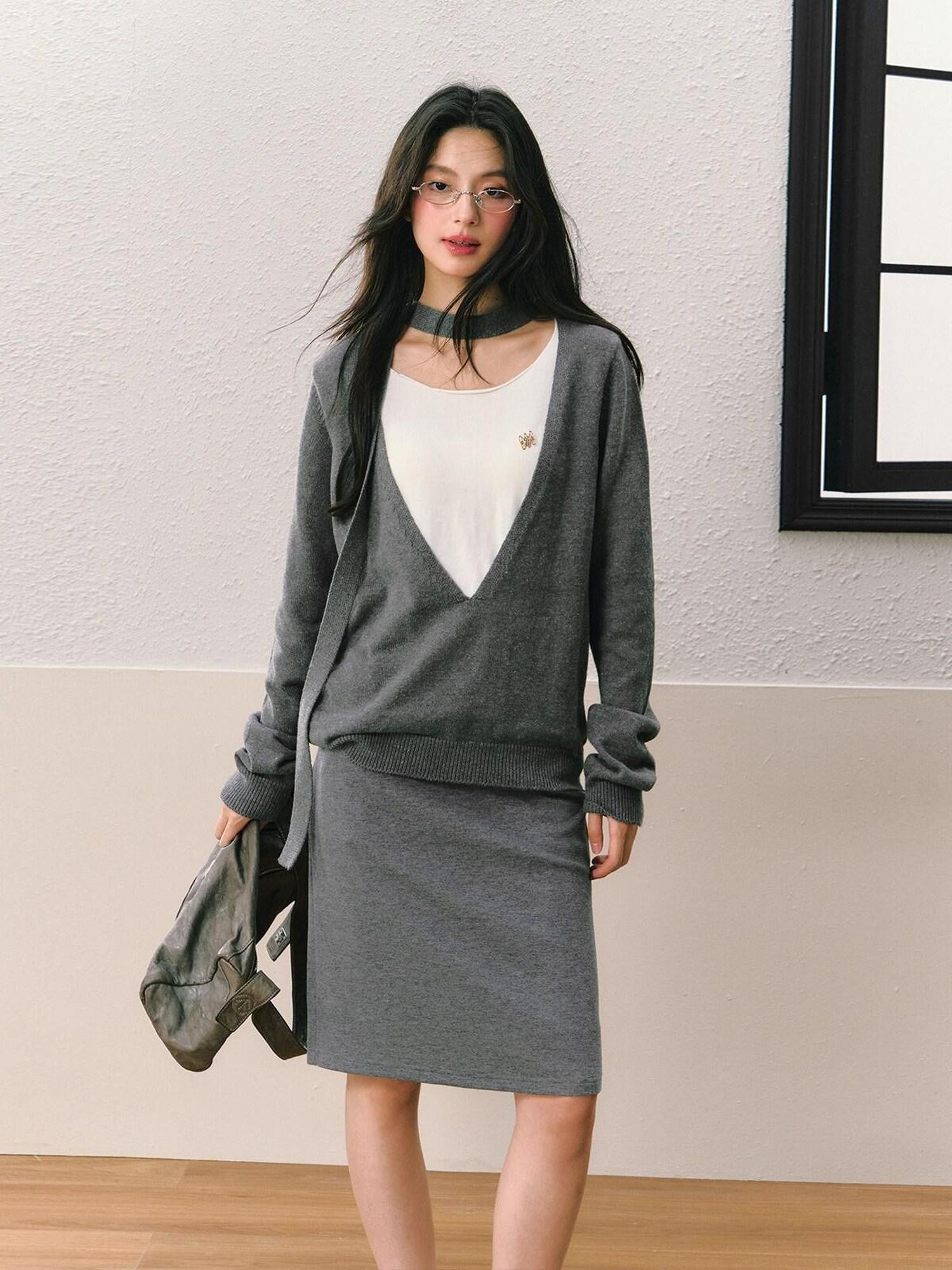 7Shiftin Gray Faux Two Piece Slim Fit Round Neck Long Sleeve Women&