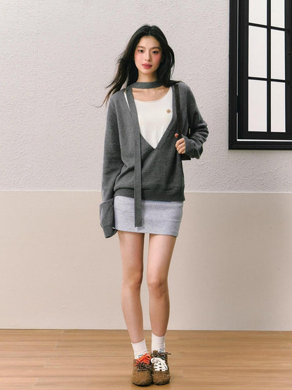 7Shiftin Gray Faux Two Piece Slim Fit Round Neck Long Sleeve Women&