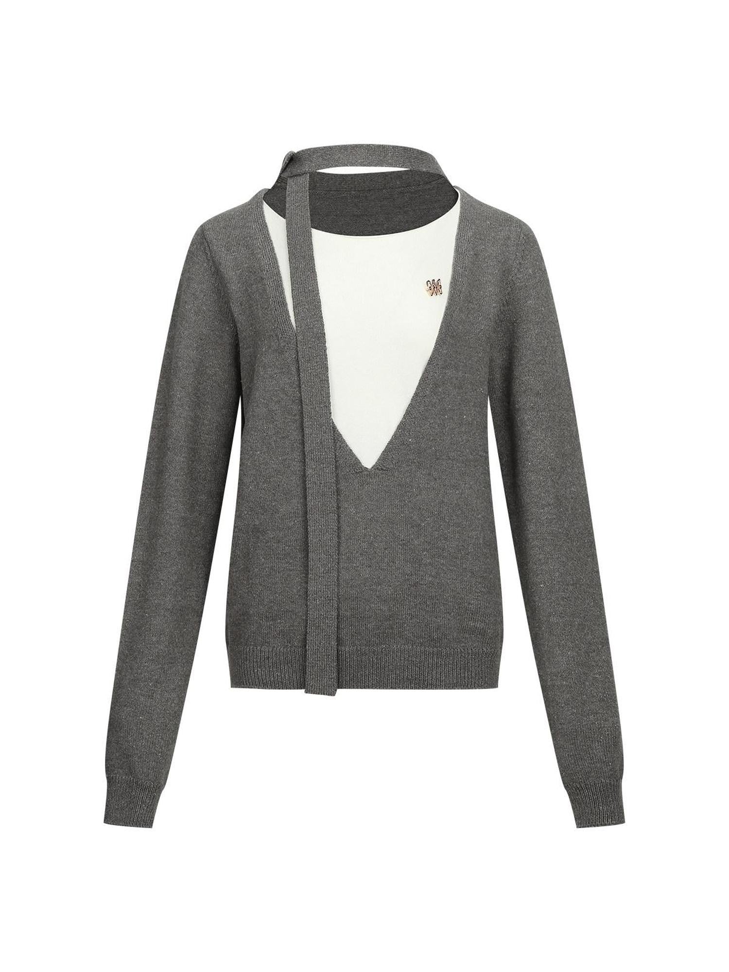 7Shiftin Gray Faux Two Piece Slim Fit Round Neck Long Sleeve Women&