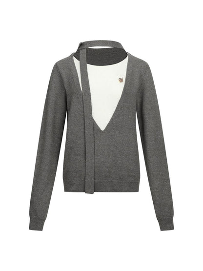 7Shiftin Gray Faux Two Piece Slim Fit Round Neck Long Sleeve Women&