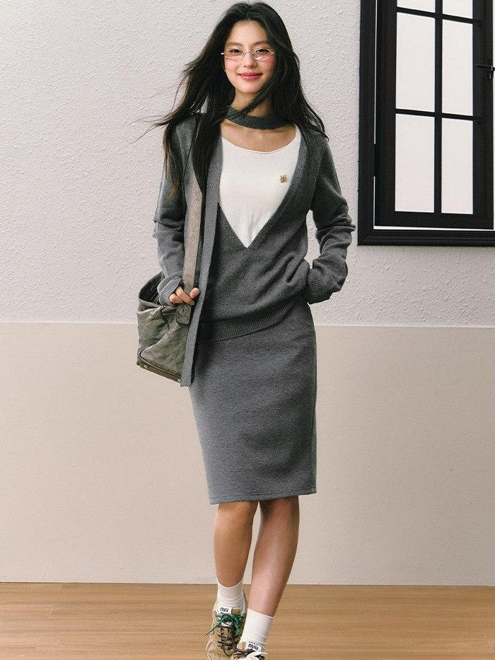 7Shiftin Gray Faux Two Piece Slim Fit Round Neck Long Sleeve Women&