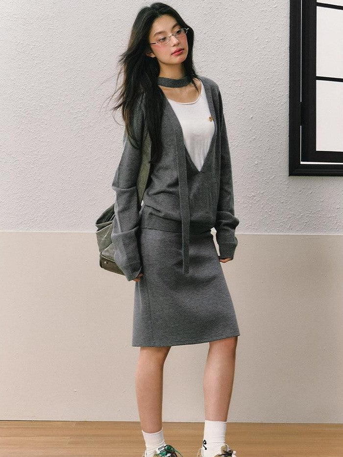 7Shiftin Gray Faux Two Piece Slim Fit Round Neck Long Sleeve Women&