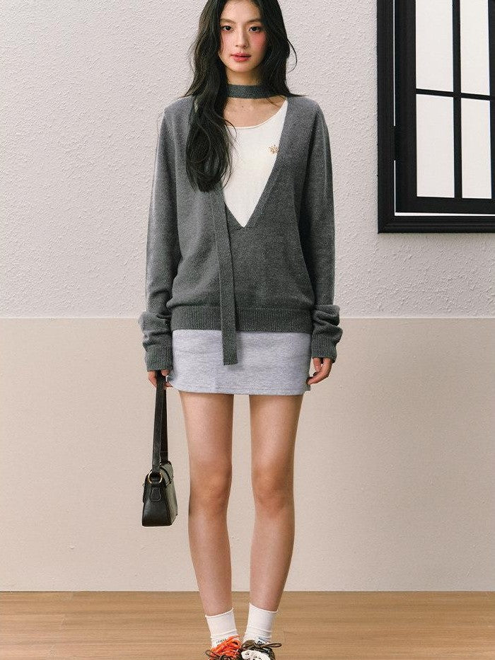 7Shiftin Gray Faux Two Piece Slim Fit Round Neck Long Sleeve Women&