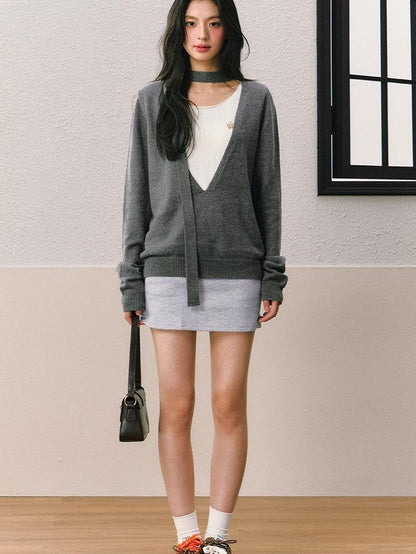 7Shiftin Gray Faux Two Piece Slim Fit Round Neck Long Sleeve Women&