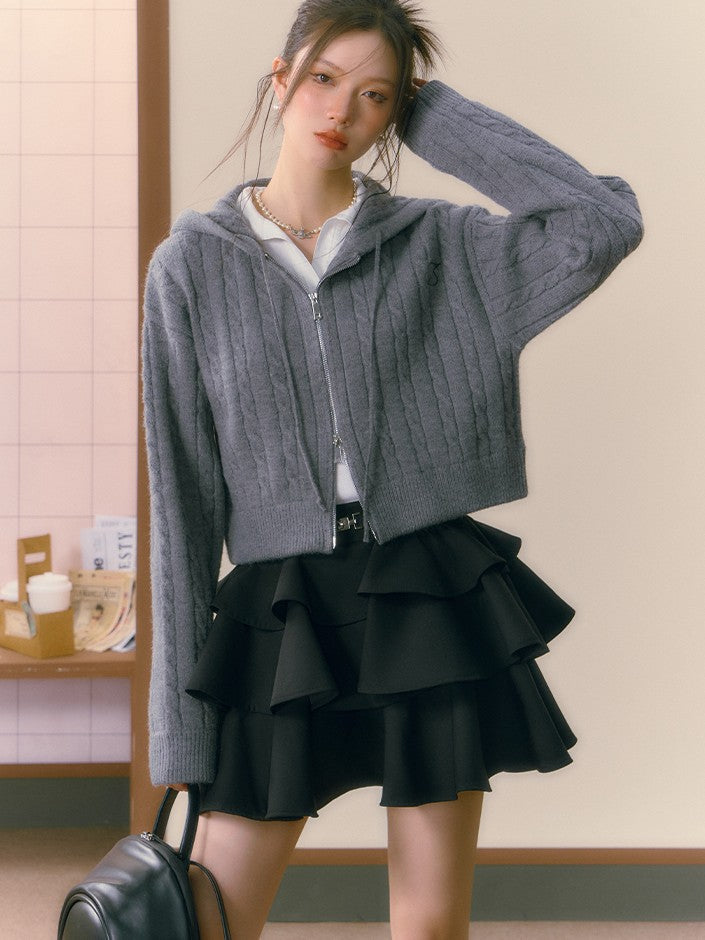 7Shiftin Gray Hooded Double Zipper Cardigan Women&