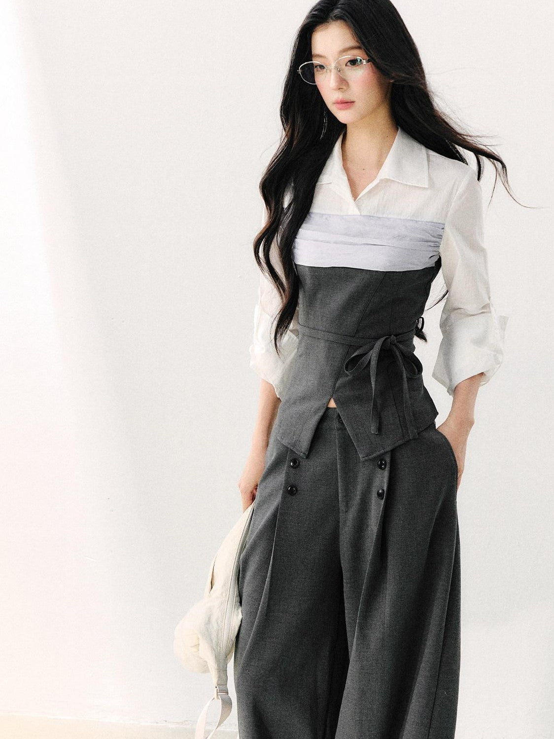 7Shiftin Gray Mock Two Piece Collared Adjustable Tie Women&