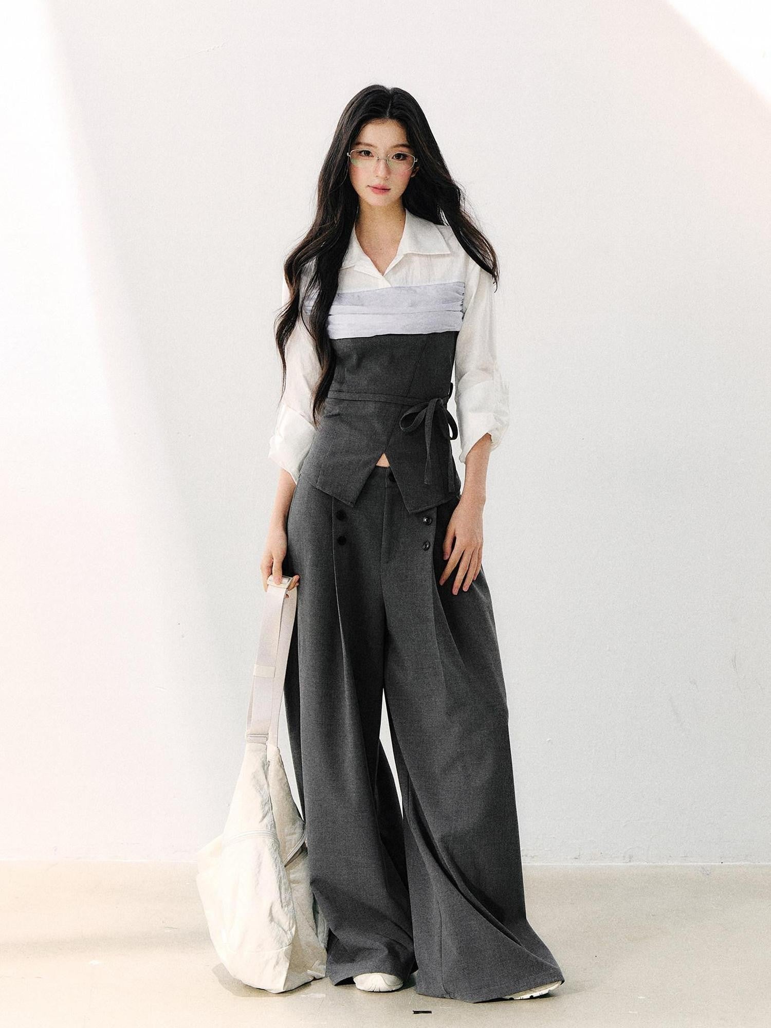 7Shiftin Gray Mock Two Piece Collared Adjustable Tie Women&