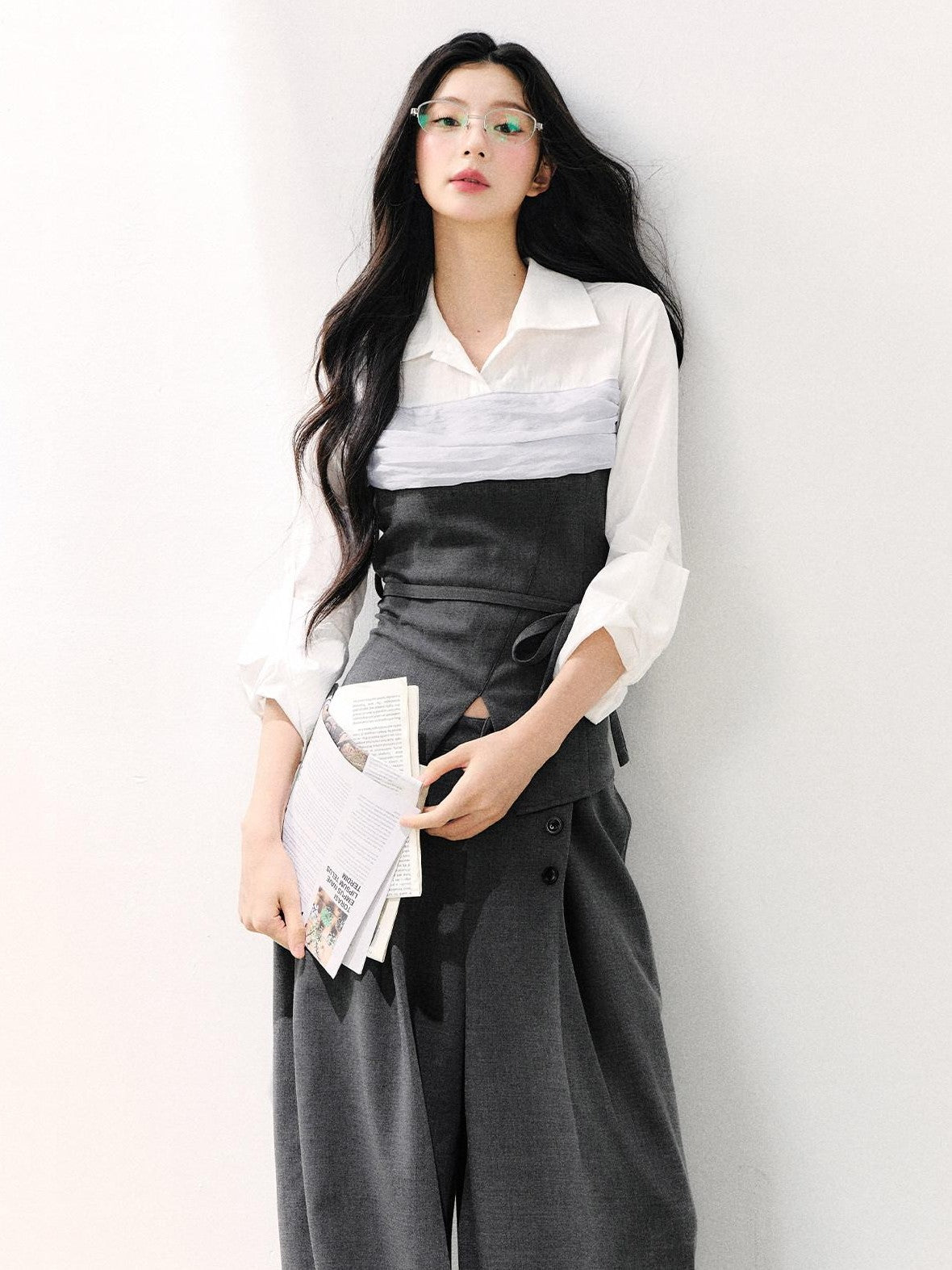 7Shiftin Gray Mock Two Piece Collared Adjustable Tie Women&