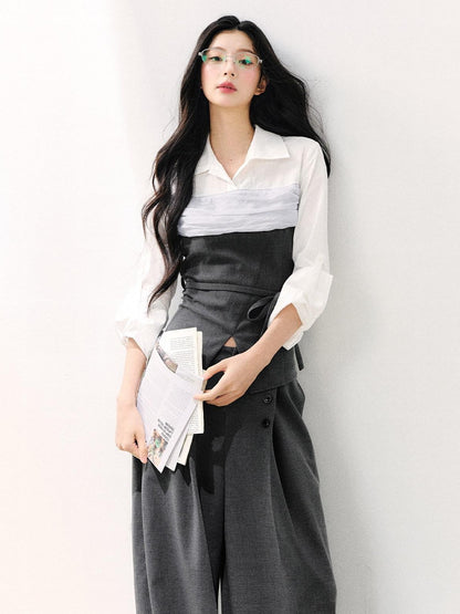 7Shiftin Gray Mock Two Piece Collared Adjustable Tie Women&