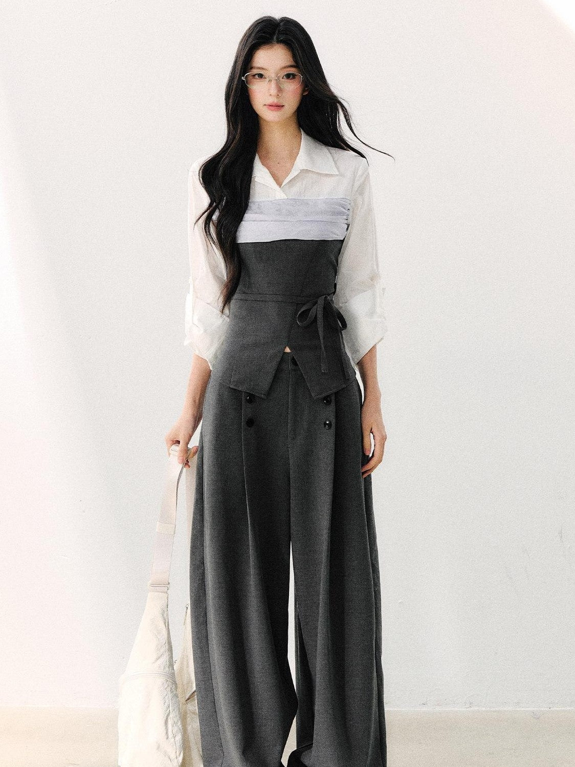 7Shiftin Gray Mock Two Piece Collared Adjustable Tie Women&