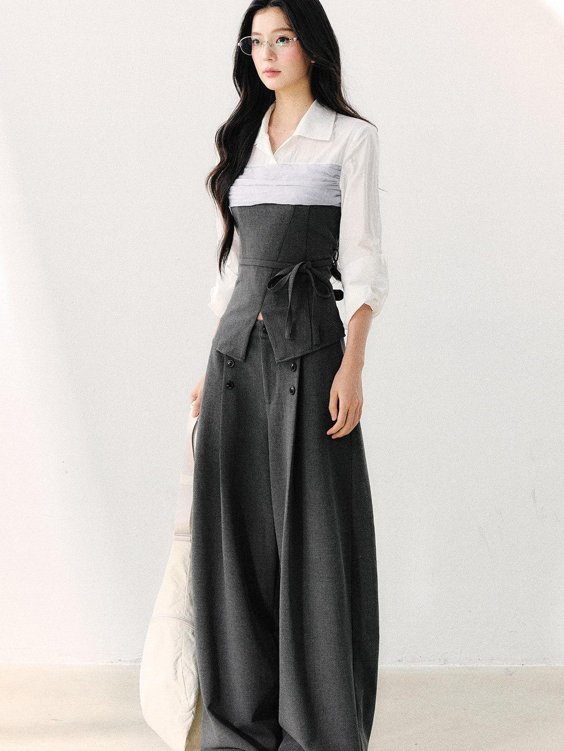 7Shiftin Gray Mock Two Piece Collared Adjustable Tie Women&