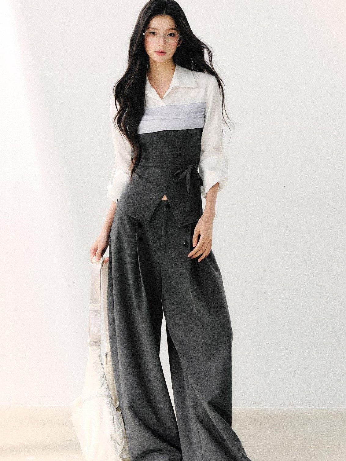 7Shiftin Gray Mock Two Piece Collared Adjustable Tie Women&