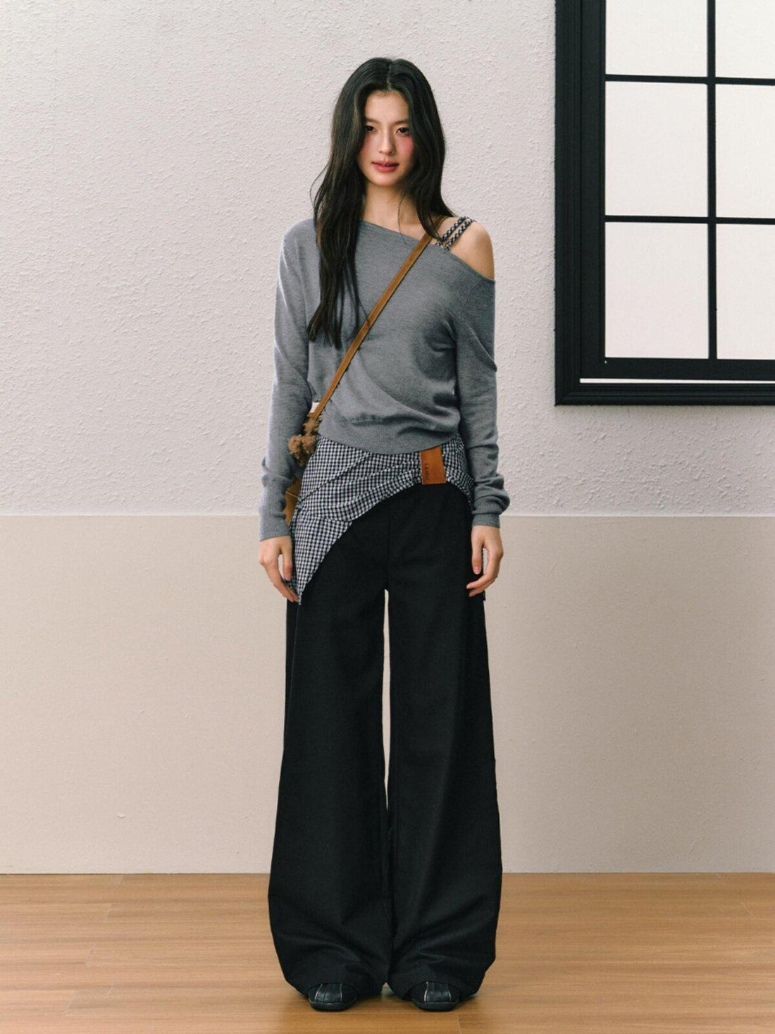7Shiftin Gray Off Shoulder Apron Detail Wide Leg Women&