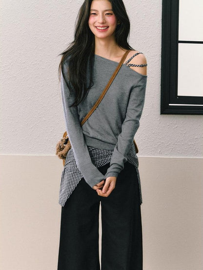 7Shiftin Gray Off Shoulder Apron Detail Wide Leg Women&
