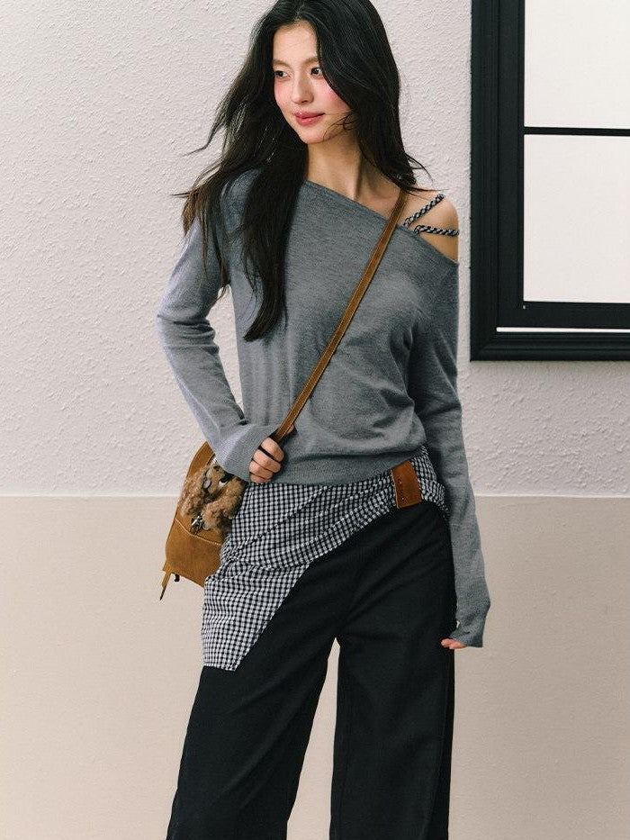7Shiftin Gray Off Shoulder Apron Detail Wide Leg Women&