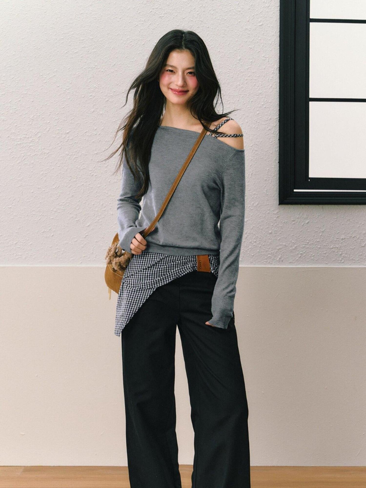 7Shiftin Gray Off Shoulder Apron Detail Wide Leg Women&