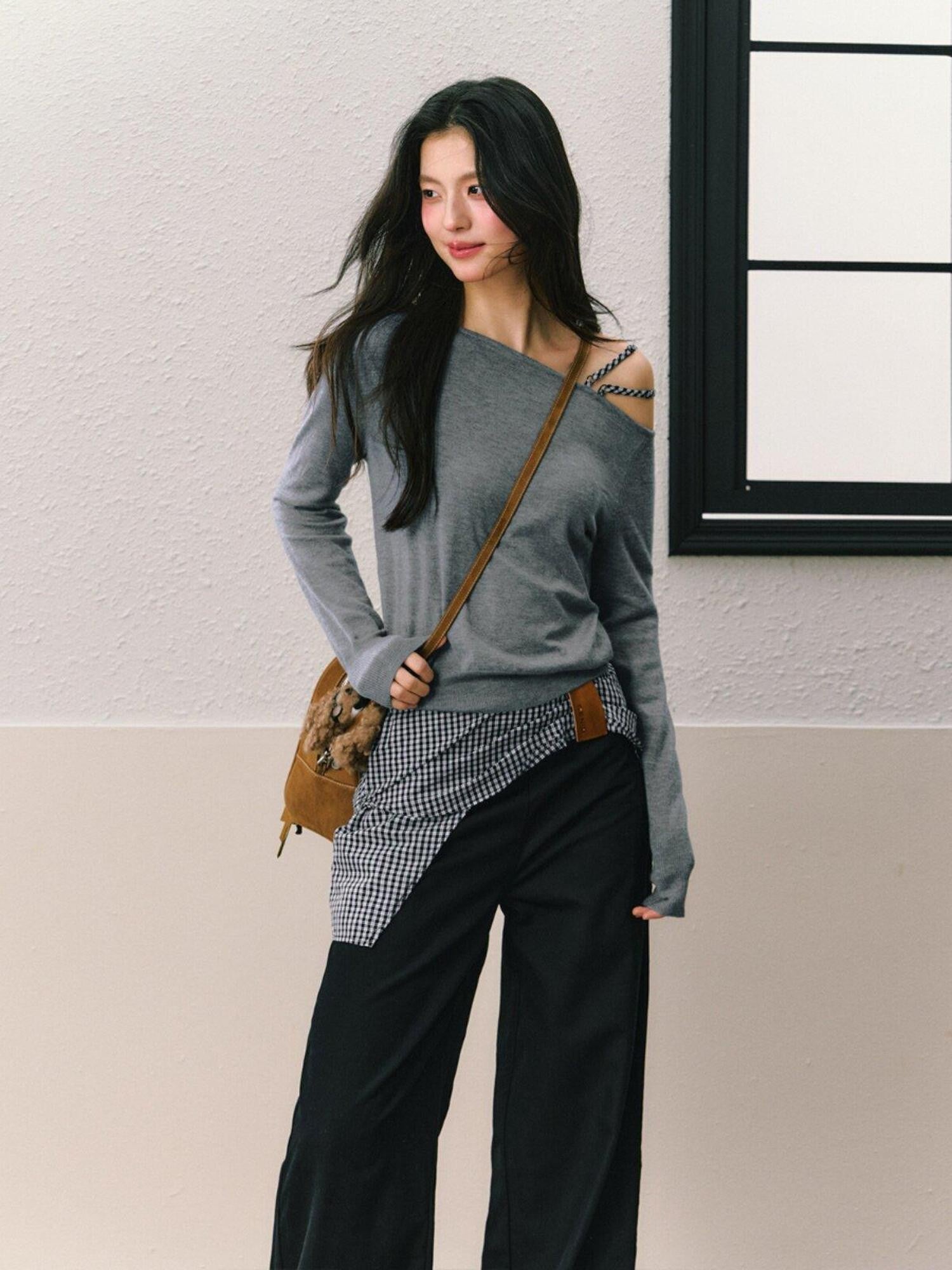 7Shiftin Gray Off Shoulder Apron Detail Wide Leg Women&